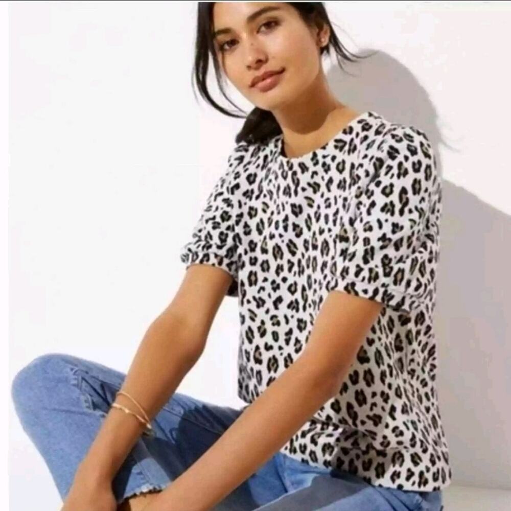 Loft Leopard Print Puff Sleeve Top Size MP Medium Petite Print Top Animal Print